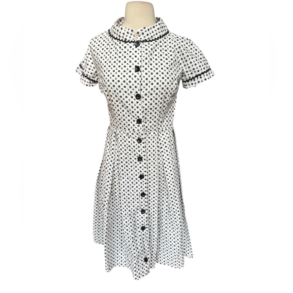 1940s/50s 100% Cotton Ditsy Floral & Square Print, w/Rick Rack Trim, Shirt Dress